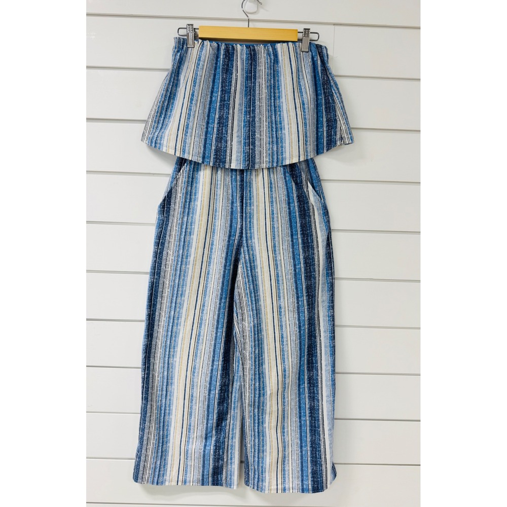 Bebop Blue Striped Strapless Popover Wide Leg Jumpsuit Womens Small Pockets